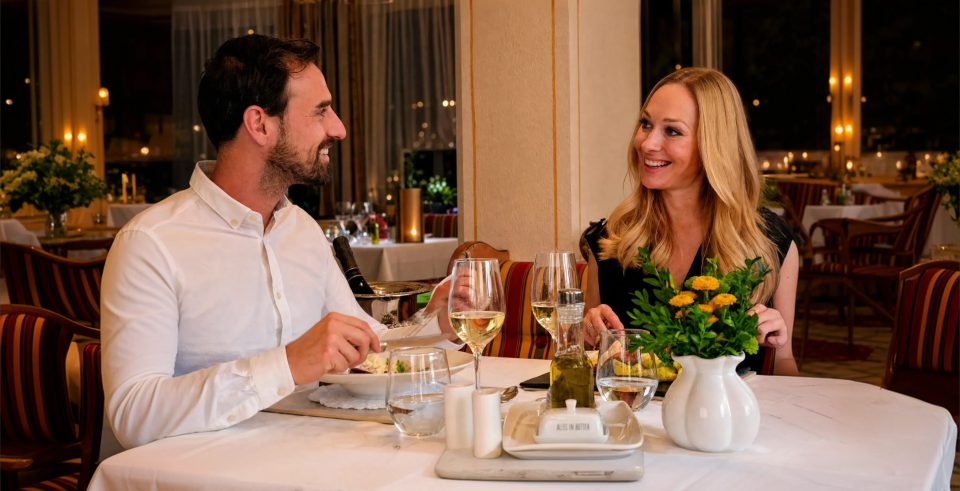 Paar beim Abendessen an einem festlich gedeckten Tisch im Restaurant