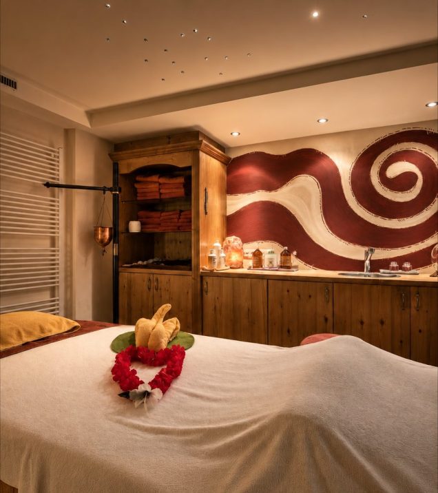 Ayurveda-Raum mit Blumengirlande im Hotel DreiSonnen in Serfaus