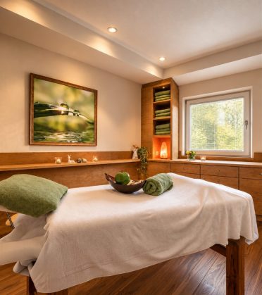 Behandlungsraum mit Massageliege, grünen Tüchern und Salzlampe.
