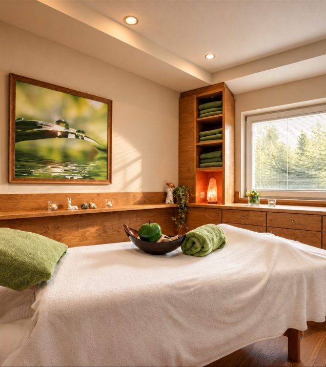 Behandlungsraum mit Massageliege und Kerzenlicht im Hotel DreiSonnen in Serfaus