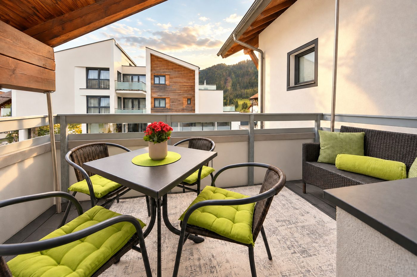 Balkon mit Tisch, Stühlen und Loungebank mit Blick auf Serfaus in der Ferienwohnung Irene des Hotels DreiSonnen in Serfaus