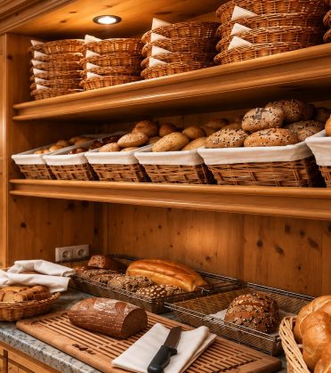 Bread buffet with baskets full of bread and pastries at Hotel DreiSonnen.