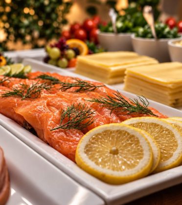 Platter of smoked salmon, sliced cheese and cold cuts at the breakfast buffet at Hotel DreiSonnen.