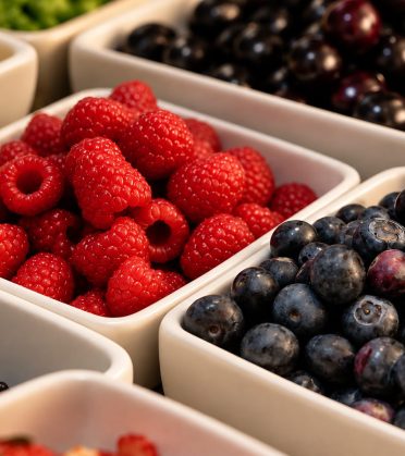 Bowls of raspberries, blackberries, blueberries and pineapple at the breakfast buffet of Hotel DreiSonnen.