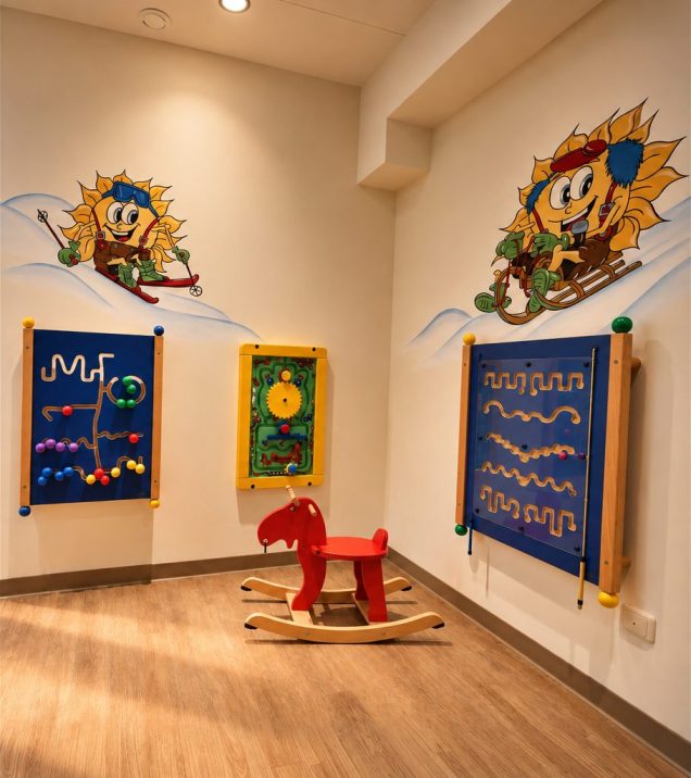 Spielraum mit Schaukelpferd und Maltafeln in Sonnis Kids Club im Hotel DreiSonnen in Serfaus
