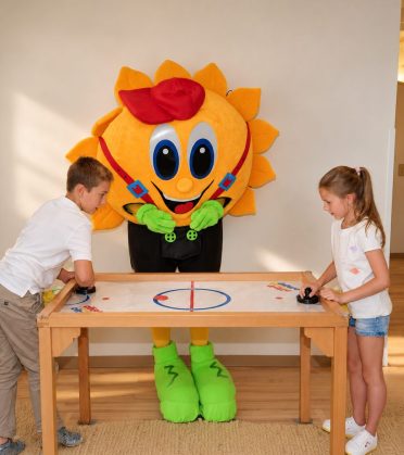 Maskottchen Sonni spielt mit zwei Kindern Airhockey in der Spiel- und Erlebniswelt des Hotel DreiSonnen in Serfaus