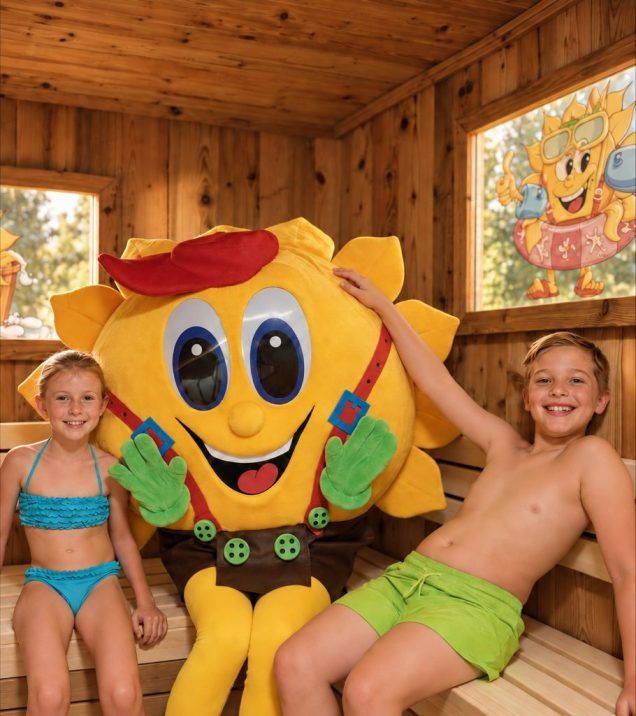 Zwei Kinder sitzen mit dem Maskottchen Sonni in der Familiensauna.
