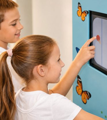 Zwei Kinder spielen an einem interaktiven Touchscreen mit Schmetterlingen im Kinderbereich des Hotel DreiSonnen in Serfaus.