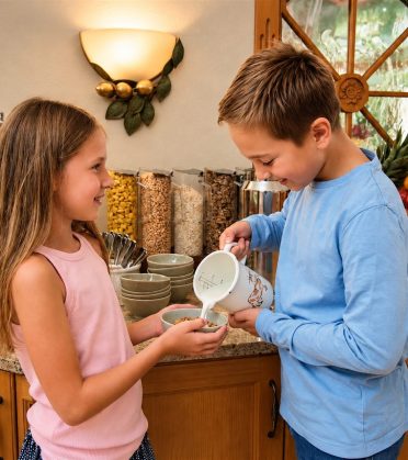 Zwei Kinder gießen Milch über ihr Müsli am Kinderbuffet des Hotel DreiSonnen in Serfaus