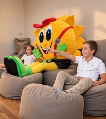 Mascot Sonni sitting with two children on beanbags in the children's cinema of Hotel DreiSonnen in Serfaus