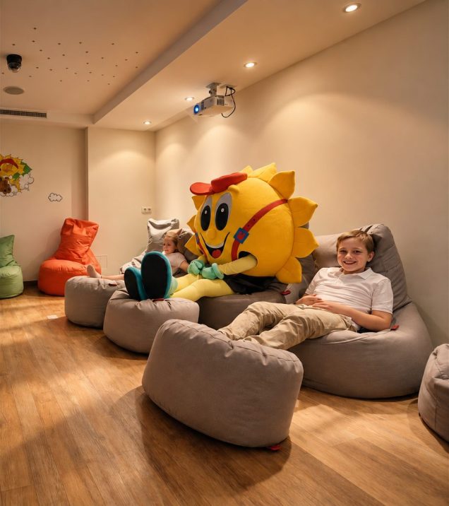 Maskottchen Sonni und ein Kind auf Sitzsäcken im Kinderkino des Hotel DreiSonnen in Serfaus