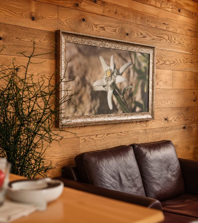 Leather sofa in front of a wooden wall with a framed edelweiss picture in the lounge.