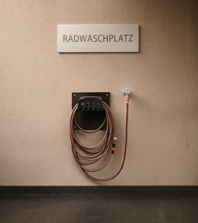 Radwaschplatz im Hotel DreiSonnen: Schild „Radwaschplatz" an der hellen Wand, darunter ein aufgerollter Wasserschlauch an seiner Halterung.