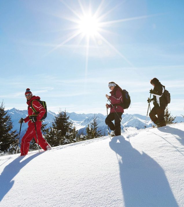 Drei Schneeschuhwanderer steigen hintereinander einen verschneiten Rücken hinauf, die Sonne steht hoch.