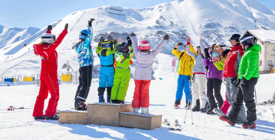 Children on the podium at the ski course prize-giving.