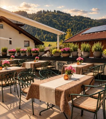 Laid tables on the sun terrace of Hotel DreiSonnen in Serfaus with a view of the mountains