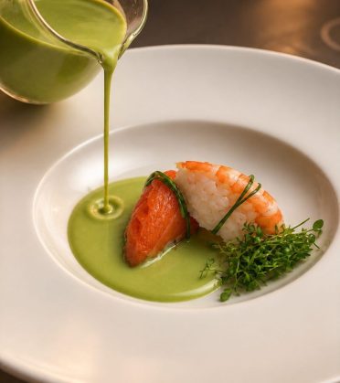 Lachs und Garnele auf einem weißen Teller, dazu wird eine grüne Suppe angegossen, im Hotel DreiSonnen in Serfaus