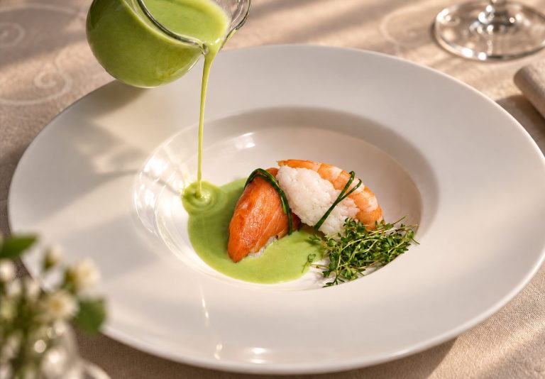 Starter with salmon and prawn on a green sauce at Hotel DreiSonnen.