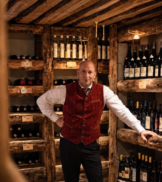 A staff member in a red waistcoat stands in the wine cellar of Hotel DreiSonnen between wooden racks full of wine bottles.