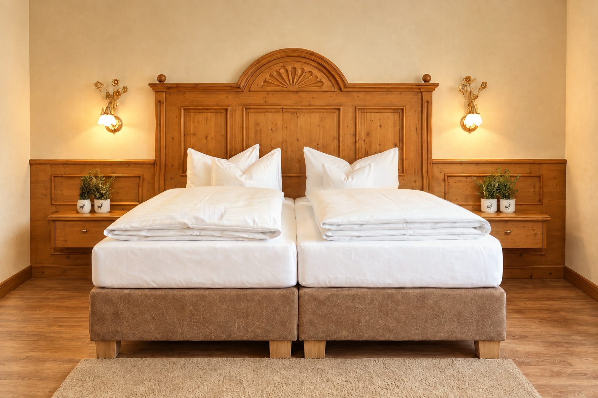 Doppelbett mit geschnitztem Kopfteil aus Holz und Wandleuchten im Zimmer Anna Maria des Hotels DreiSonnen in Serfaus