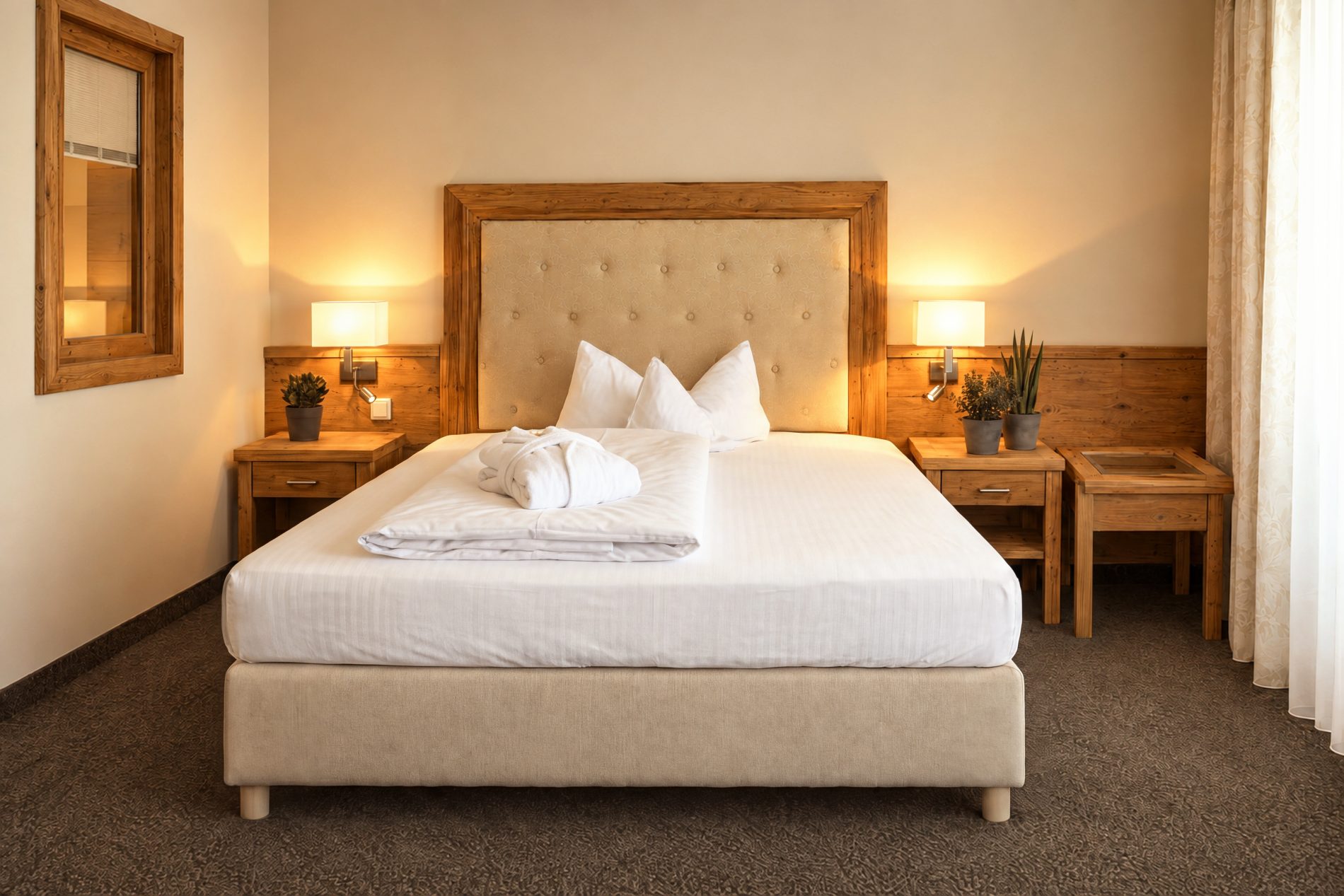Bed with upholstered headboard in a wooden frame, bedside tables and wall lights in the Florian room at Hotel DreiSonnen in Serfaus