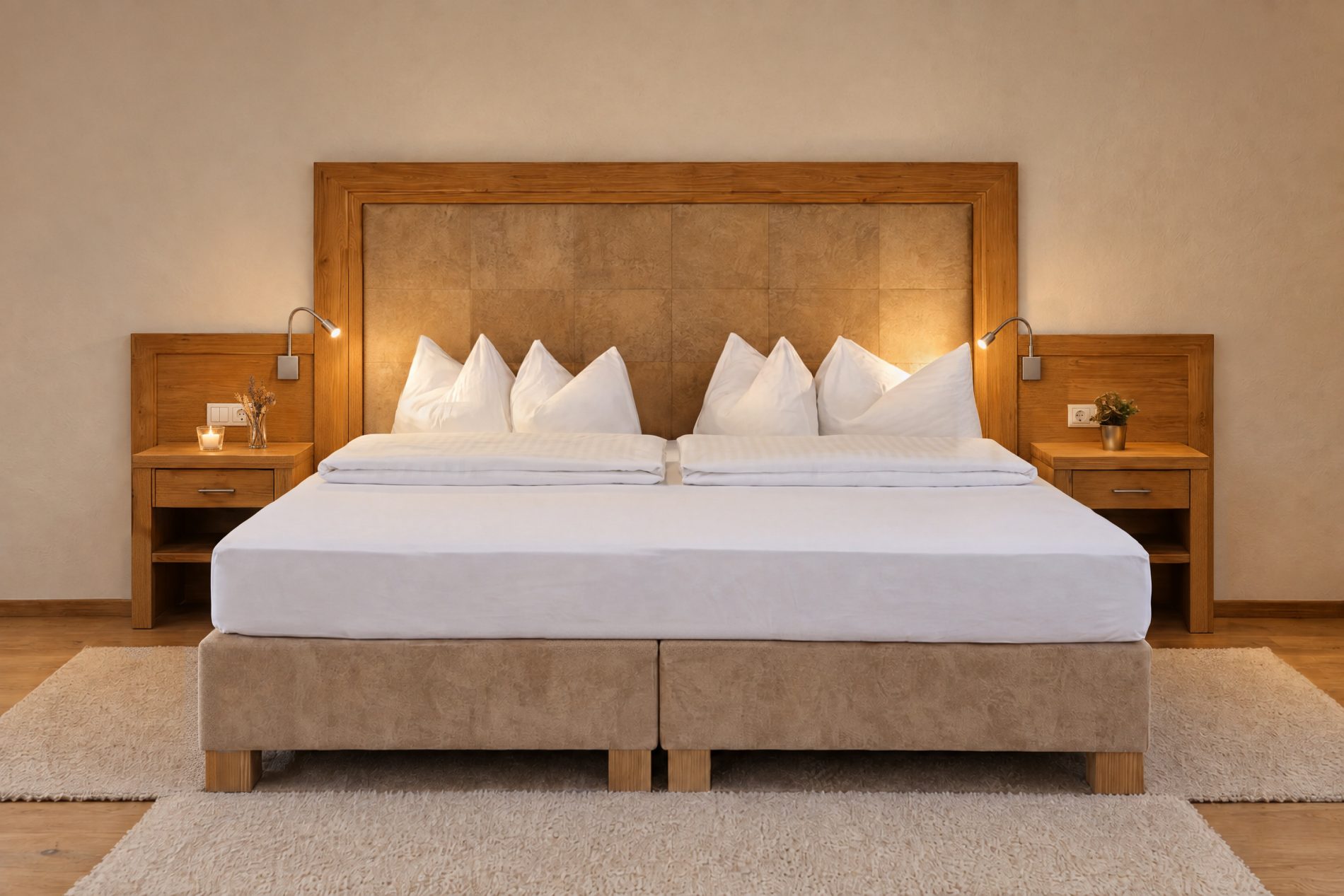 Doppelbett mit gepolstertem Kopfteil im Holzrahmen und Nachttischen mit Leselampen in der Suite Magdalena des Hotels DreiSonnen in Serfaus