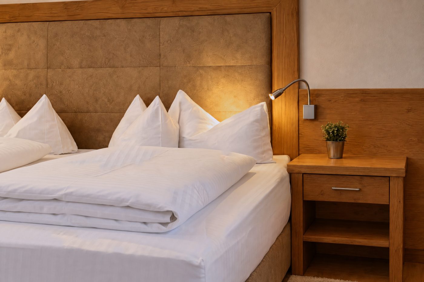 Nachttisch mit Leselampe neben dem gepolsterten Kopfteil in der Suite Magdalena des Hotels DreiSonnen in Serfaus