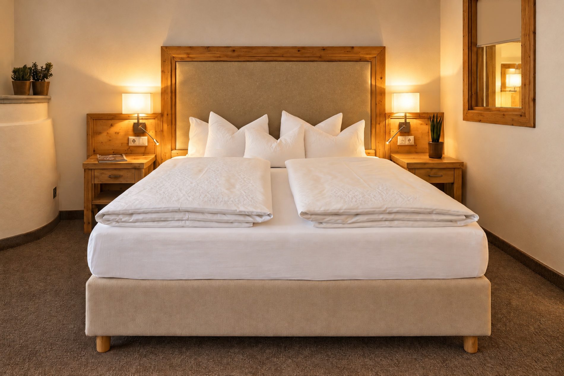 Doppelbett mit gepolstertem Kopfteil im Holzrahmen, Nachttischen und Tischlampen in der Suite Maria Theresia des Hotels DreiSonnen in Serfaus
