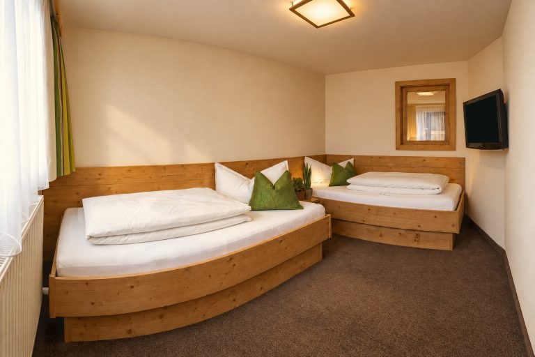 Children's room with two wooden single beds and TV in the Suite Maria Theresia at Hotel DreiSonnen in Serfaus