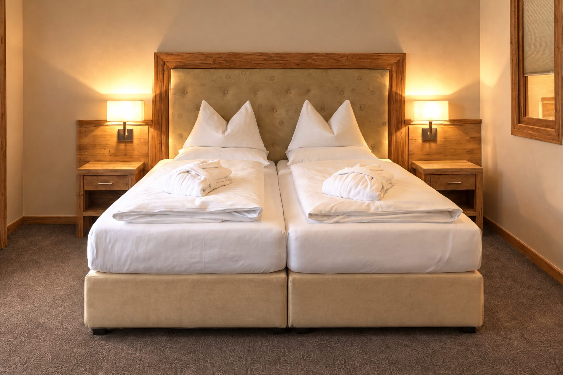 Doppelbett mit gepolstertem Kopfteil, Nachttischen und Leselampen im Zimmer Marlene des Hotels DreiSonnen in Serfaus