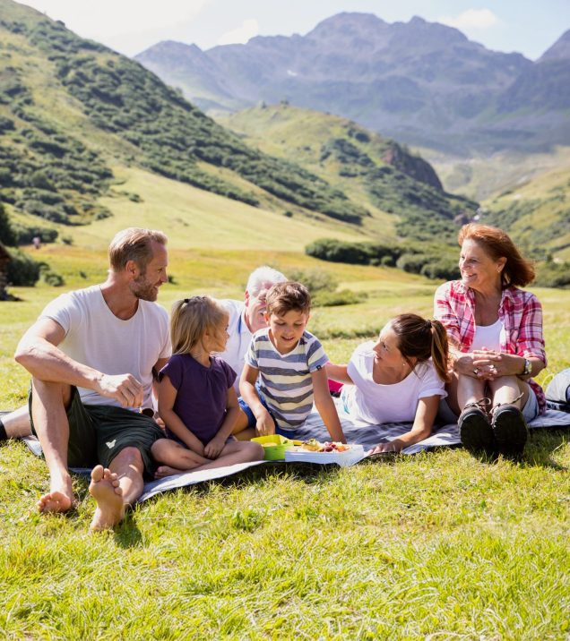 A large family having a picnic on a blanket in the alpine meadow, the mountains behind.