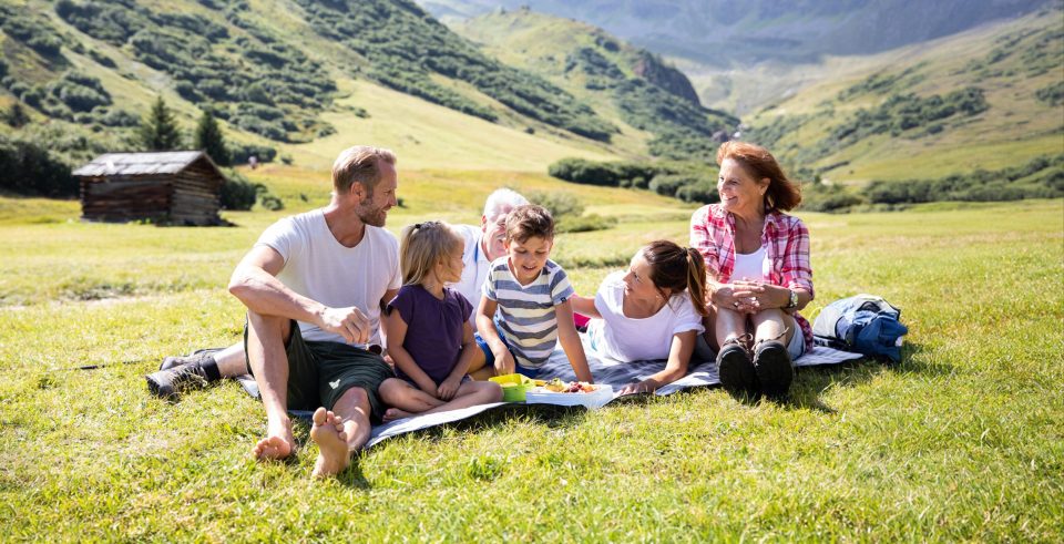 Familie mit drei Kindern beim Picknick auf einer Almwiese
