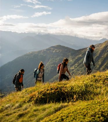 Vier Wandernde steigen einen grasigen Hang hinauf, dahinter Bergketten im Gegenlicht