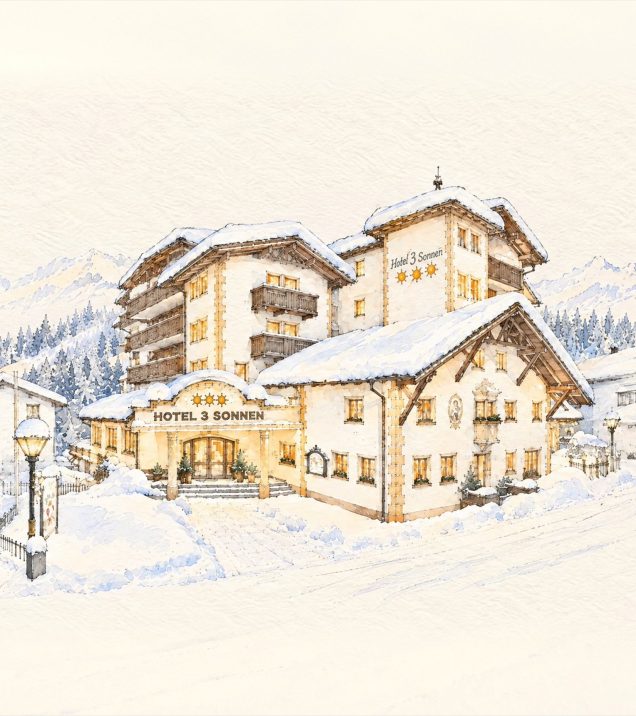 Aquarell des Hotel DreiSonnen in Serfaus im Winter, mit verschneiten Dächern, warm erleuchteten Fenstern, einer Laterne am Eingang und Bergen im Hintergrund