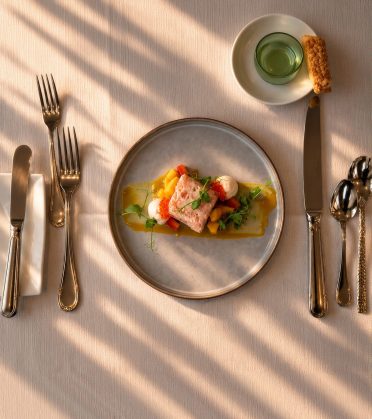 Ein Fischgang mit Gemüse und Kresse auf einem grauen Teller, von oben fotografiert, daneben Besteck und ein Glas im warmen Abendlicht.