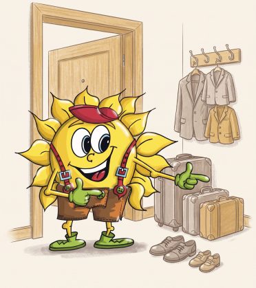 Illustration: Sonni begrüßt an der Zimmertür, daneben Koffer, Schuhe und Jacken an der Garderobe.