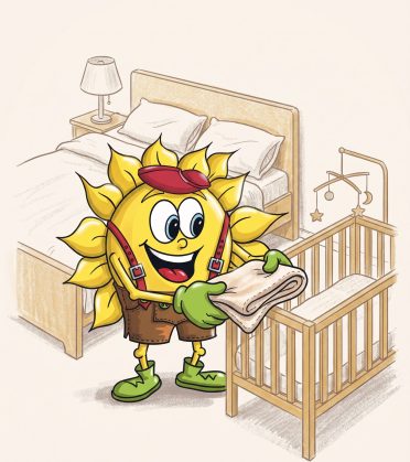 Illustration: Sonni legt eine Decke in ein Babybett neben dem Doppelbett.