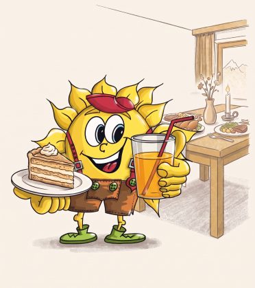 Illustration: Sonni trägt ein Stück Torte und ein Glas Saft, hinter ihm der gedeckte Esstisch.