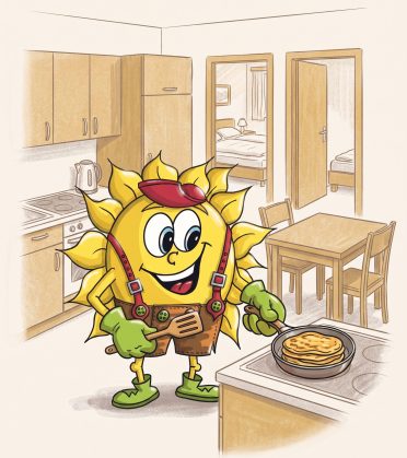 Illustration: Sonni backt in der Küche einer Ferienwohnung Pfannkuchen, daneben der Esstisch und die Tür zum Schlafzimmer.