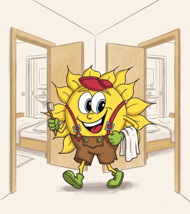 Illustration: Sonni mit Zahnbürste und Handtuch zwischen zwei offenen Türen, dahinter je ein Schlafzimmer.