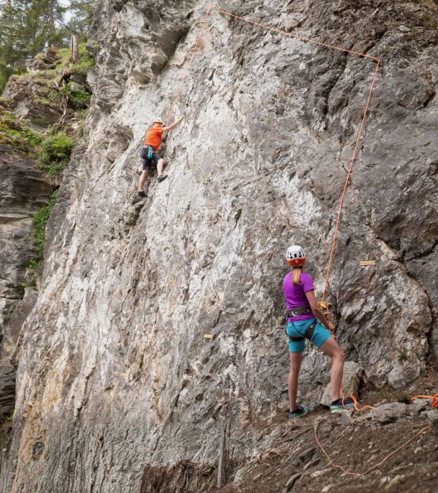 Two climbers on a rope on a pale rock face.
