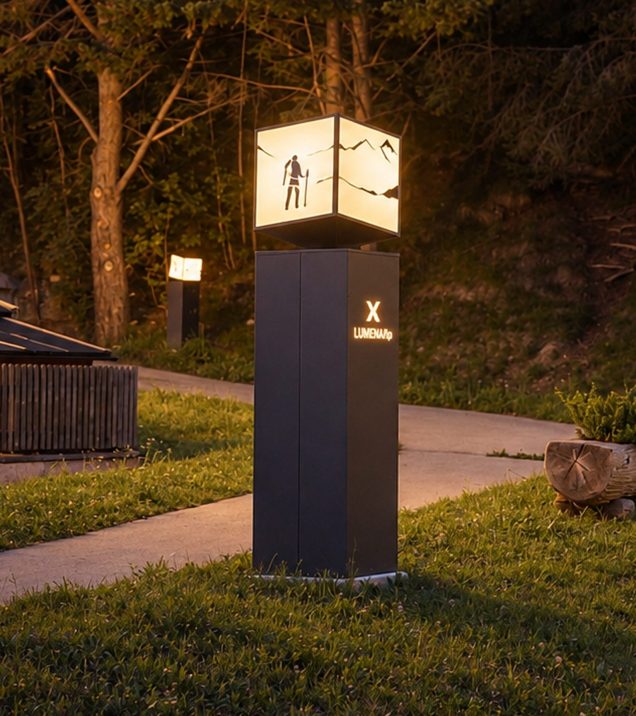 Lit lantern in the evening: a cube with a hiker and a mountain silhouette on a dark pillar, behind it a path between meadow and trees.