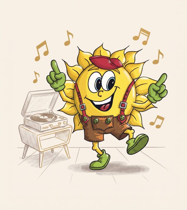Illustration of the mascot Sonni dancing in lederhosen next to a record player, at Hotel DreiSonnen in Serfaus