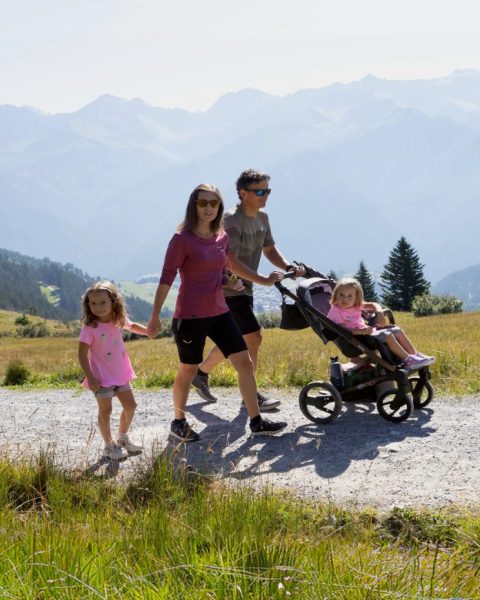 A family with a pushchair walking on a wide gravel path in front of the mountains.