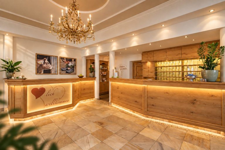 The reception of Hotel DreiSonnen in Serfaus with an illuminated counter of light wood, a chandelier and a key board