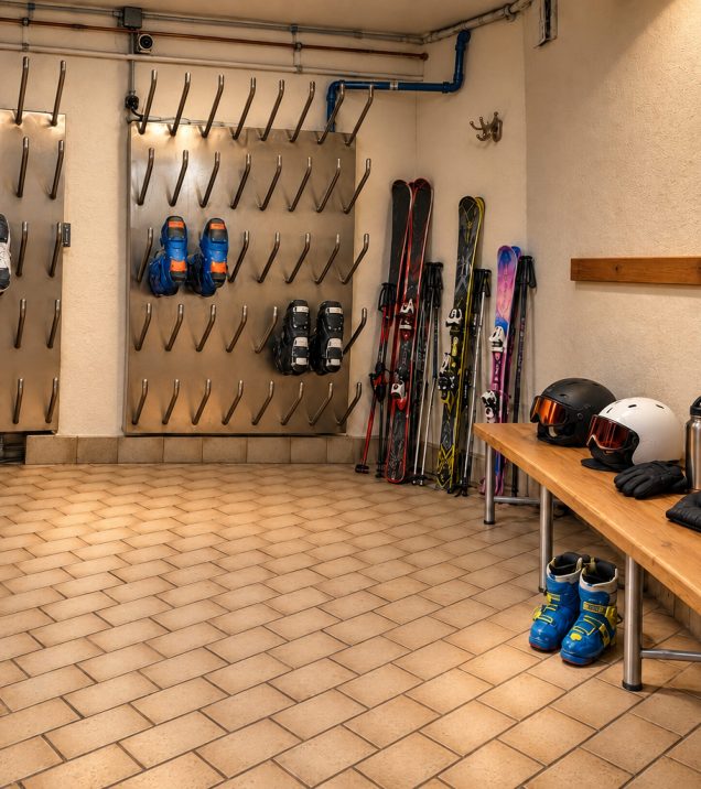 Skiraum im Hotel DreiSonnen in Serfaus mit Schuhtrocknern an der Wand, Ski in der Ecke und einer Holzbank mit Helmen und Skischuhen