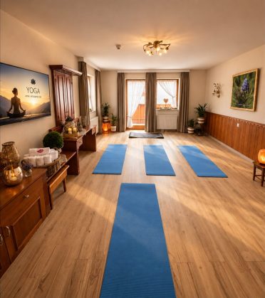 A bright room with a wooden floor and four blue yoga mats laid out